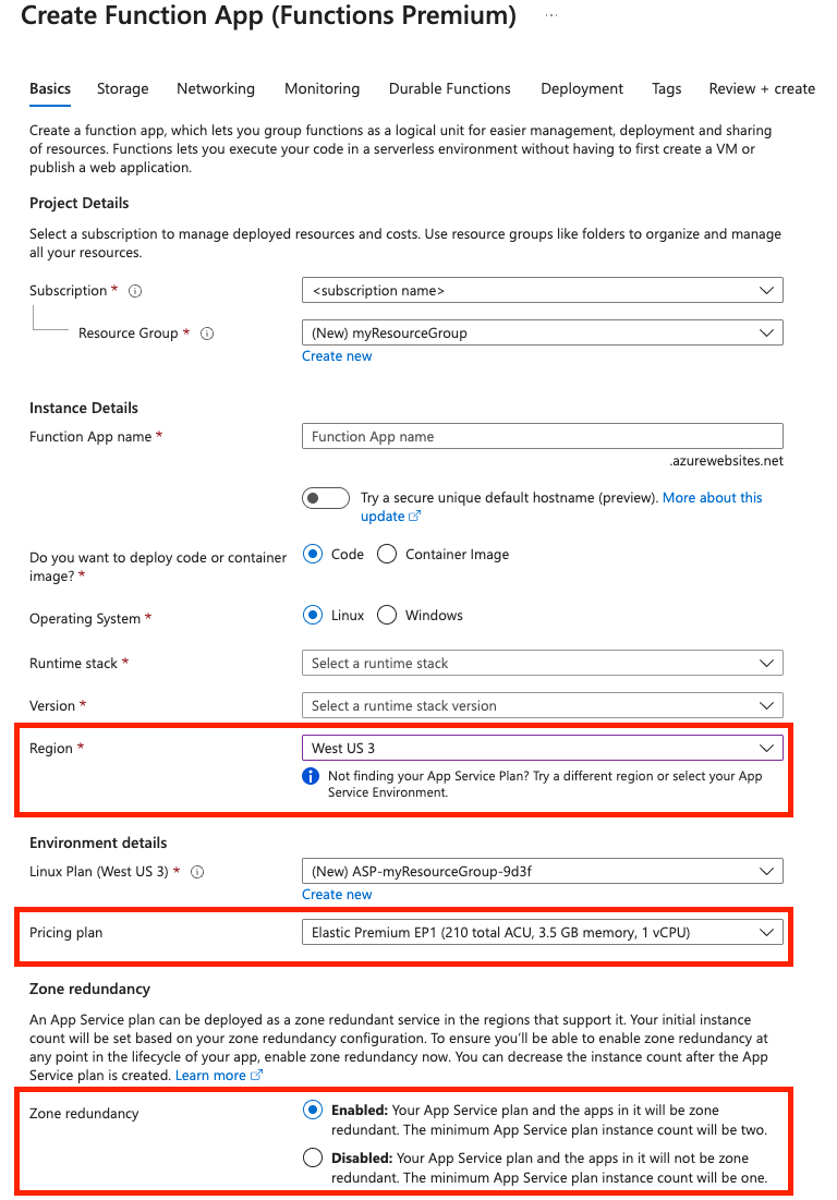 Screenshot of the Basics tab of the function app create page.