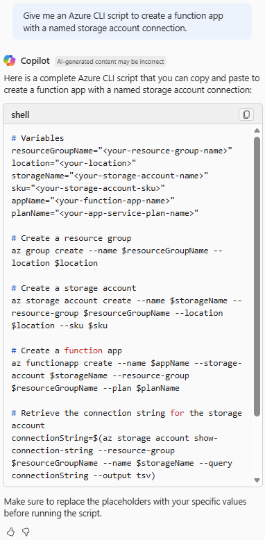 Screenshot of Azure Copilot providing an Azure CLI script to create a function app with a connected storage account.