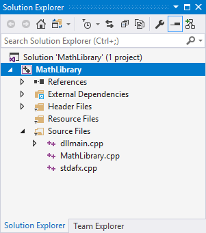 Screenshot of the Solution Explorer window in Visual Studio 2017 with the Math Library highlighted.