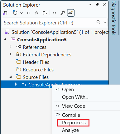 Screenshot showing the right-click context menu for a C++ file with the Preprocess option highlighted.