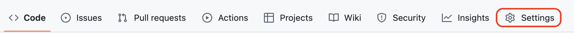 Menu bar of a web interface with tabs like Code, Issues, and Wiki; Settings is highlighted.