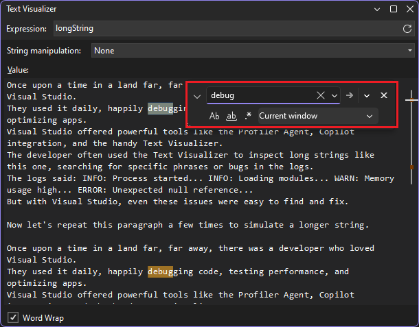 Screenshot of search within the text visualizer.