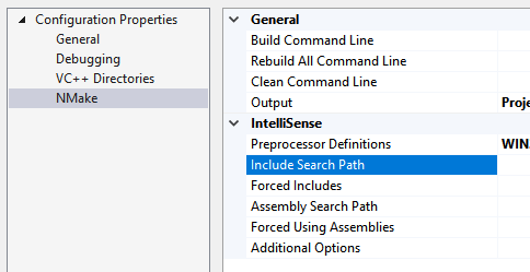 Screenshot that shows the Configuration Properties > N Make > Include Search Path setting.