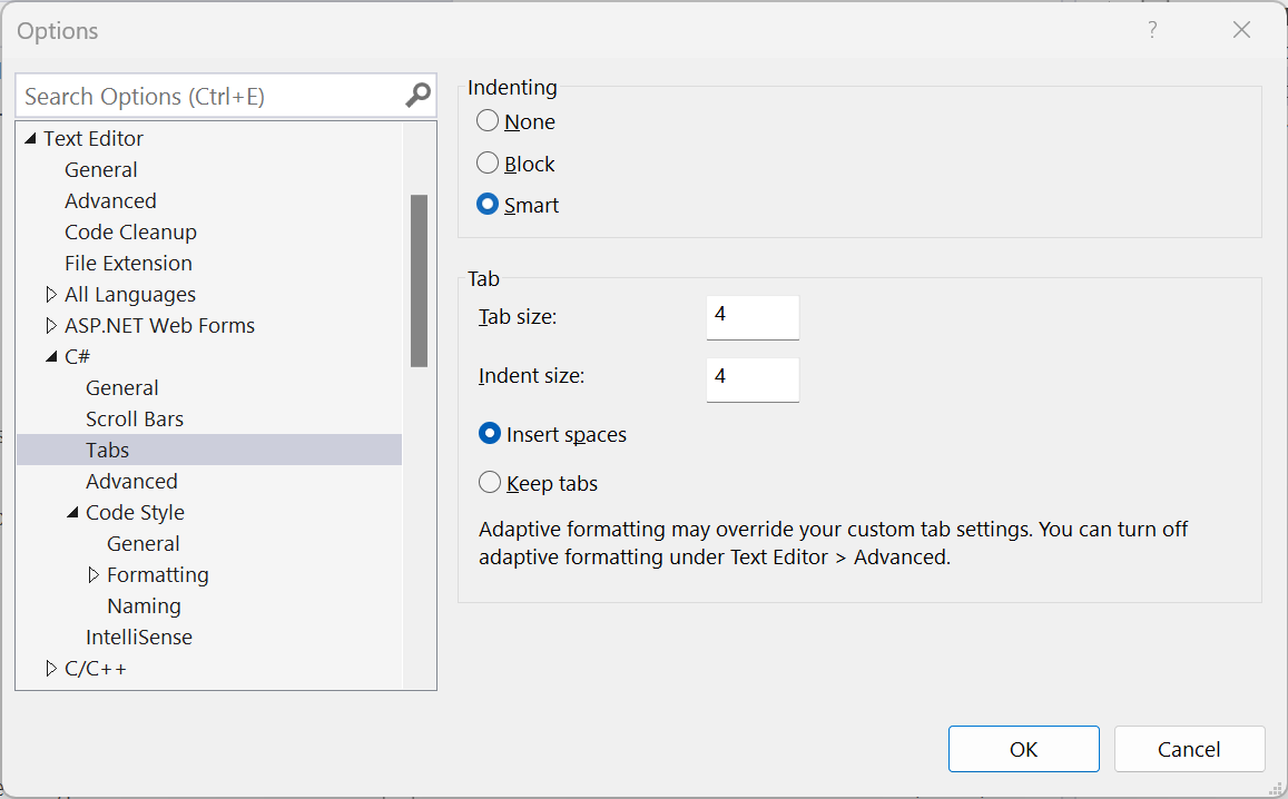 Screenshot that shows how to configure the Tabs settings for the text editor.