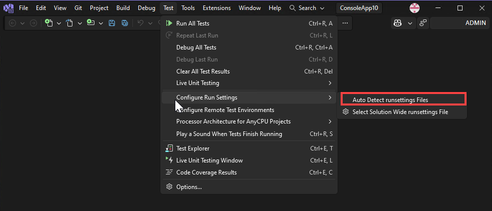 Screenshot of Auto detect runsettings file menu in Visual Studio.